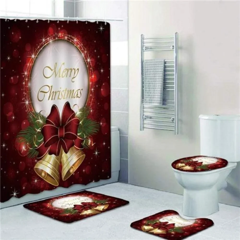 4pcs Christmas Shower Curtain Sets Holiday Bathroom Decoration